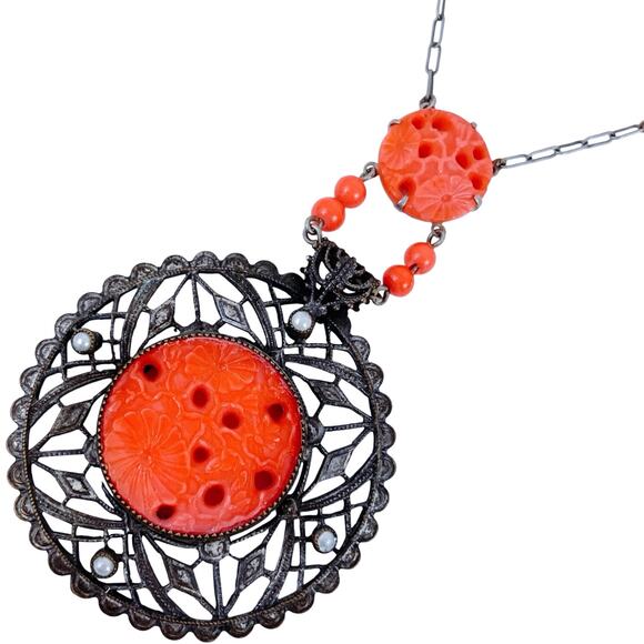 VTG Art Deco Peking Glass Style Red Glass 1920s-1930s Filigree Necklace Pendant - Picture 1 of 16